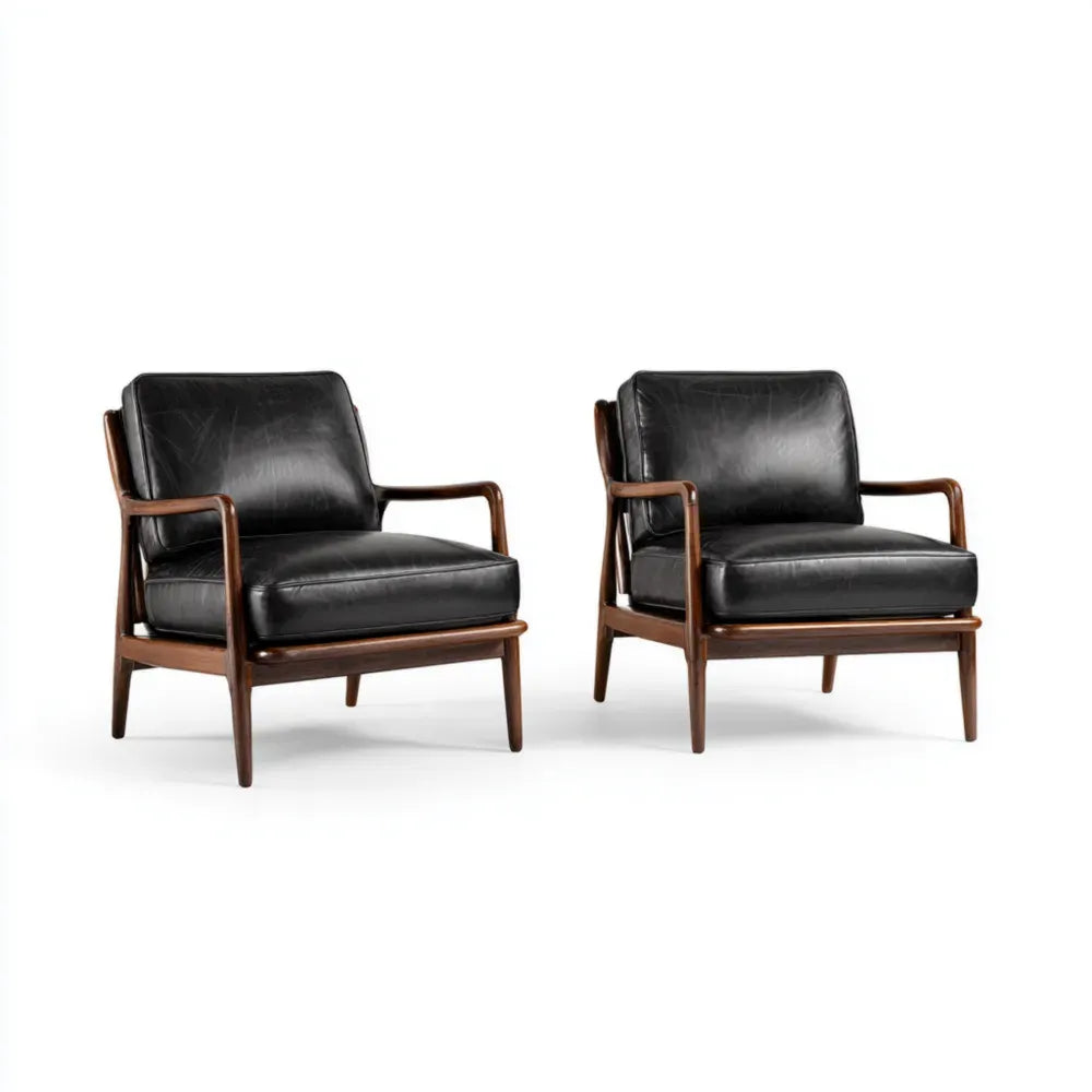 Armchair Set - Leather Upholstery 85x90x80 cm - Black - Mid-Century Modern