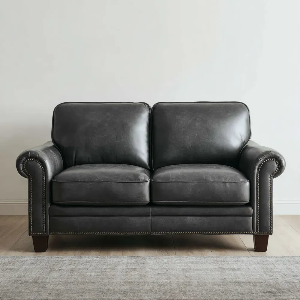 Loveseat Sofa 150x95x90 cm - Black Leather Upholstery - Classic Design