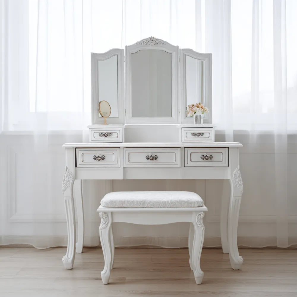 Vanity Table Set with Mirror Drawers – 39.4 x 15.7 x 51.2 inches – White – Vintage Design