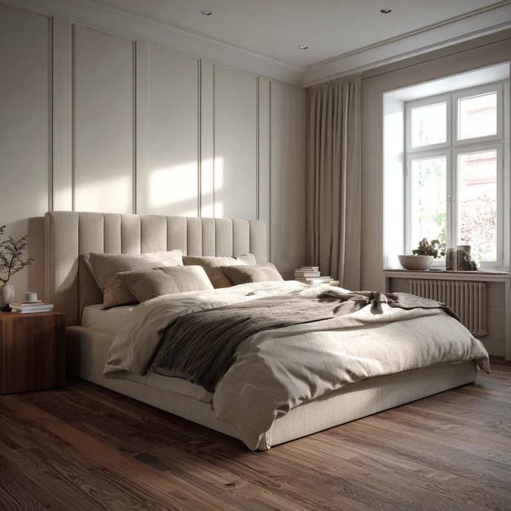 Upholstered Double Bed Linen 200x160x100 cm - Beige - Modern Design