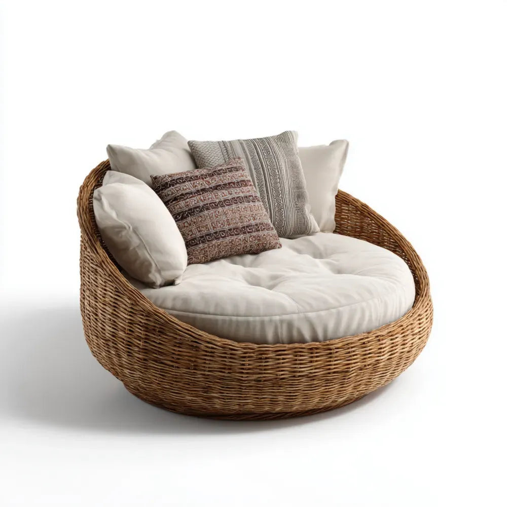 Modern Style Round Patio Recliner Wicker 120x120x65 cm - Beige