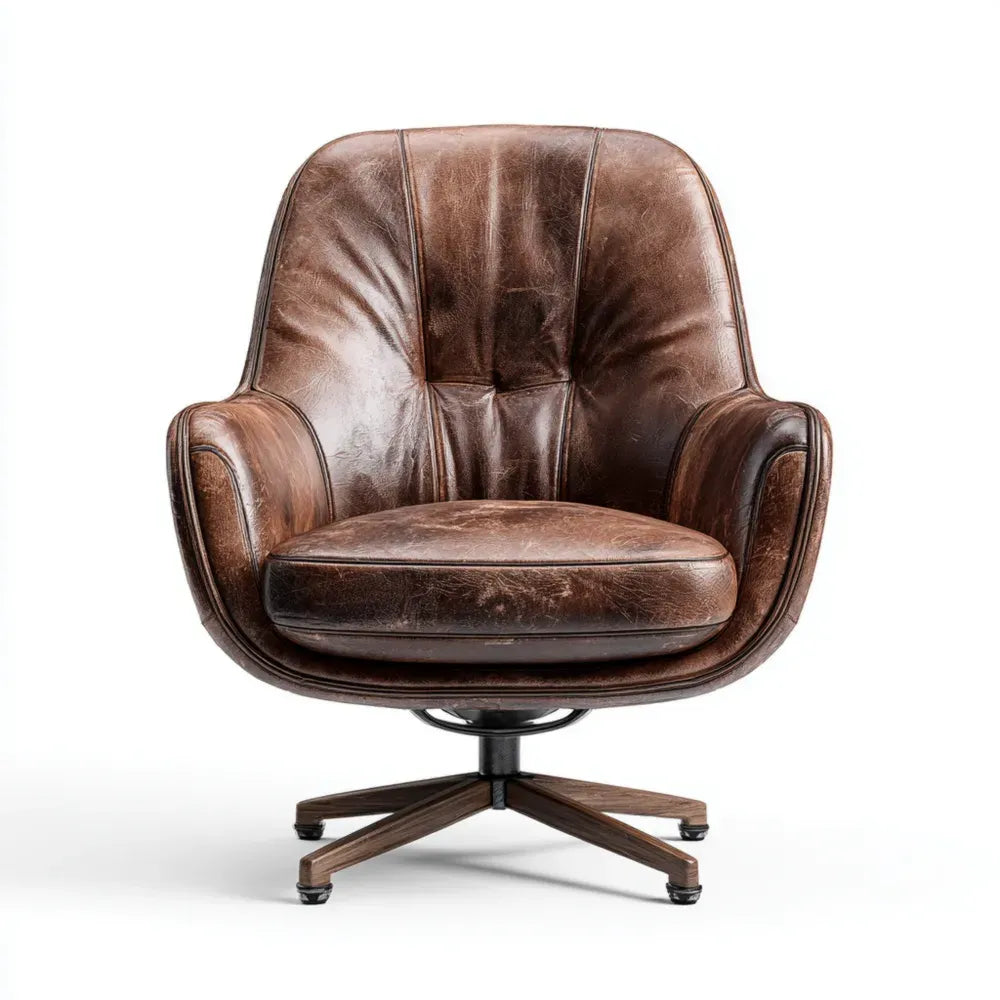 Swivel Armchair - Distressed Leather 85x80x90 cm - Vintage Style