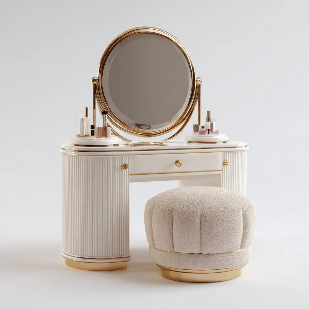 Vanity Table Set with Mirror - 90x40x75 cm - Wood & Fabric - White/Gold - Modern Glam